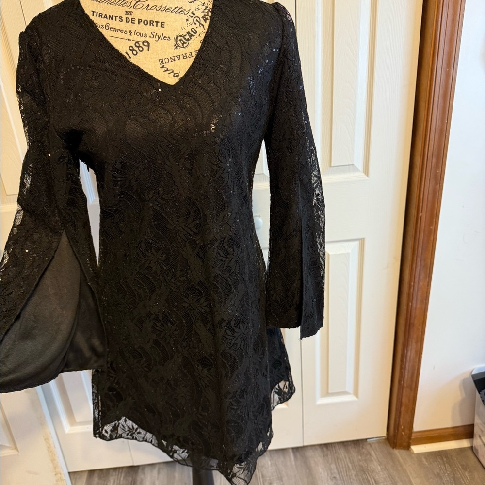 Black Sheath Mini Dress with Bishop Sleeves - Picture 2 of 4